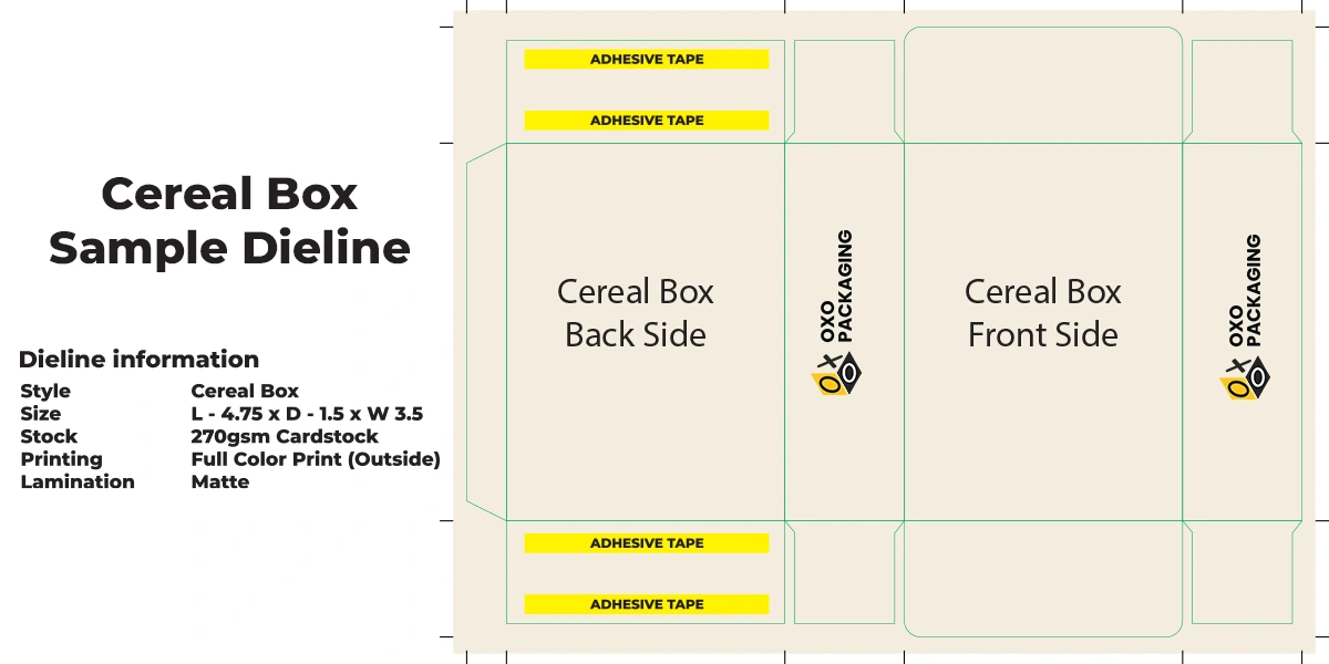 cereal box sample dieline by oxo packaging 