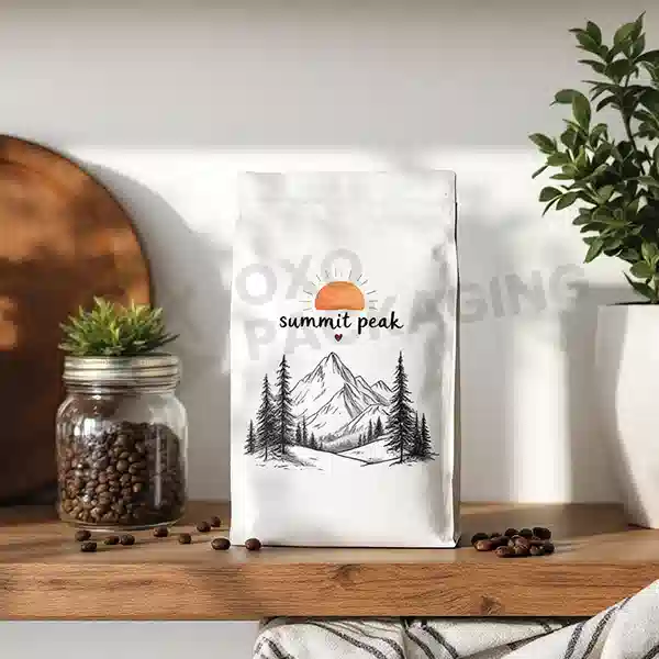 custom coffee bags with coffee beans on table